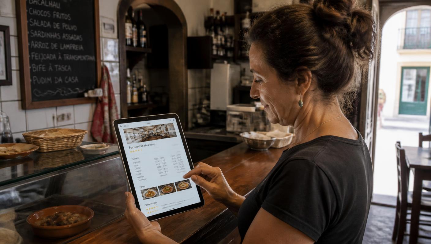 Editorial illustration of a glass shopfront over a map with a glowing pin, representing a local business profile