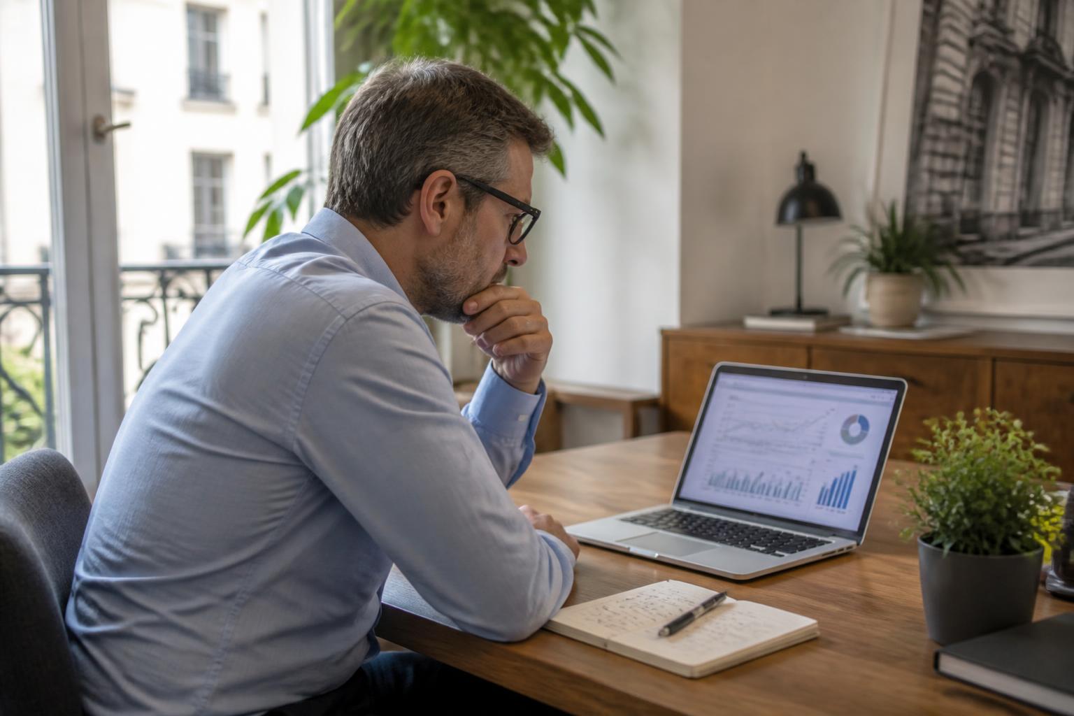 Business owner reviewing website performance and incoming enquiries on a laptop, with a notebook beside him