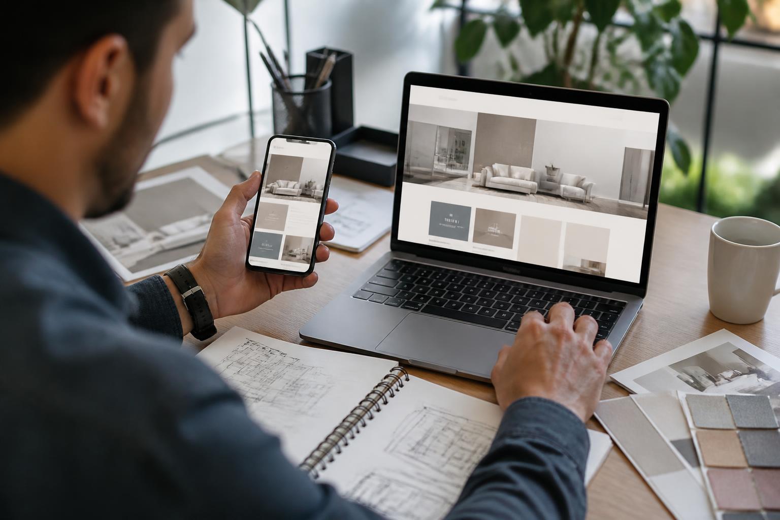 Profissional a comparar a versão de computador e de telemóvel de uma plataforma digital moderna, com esboços de design sobre a mesa