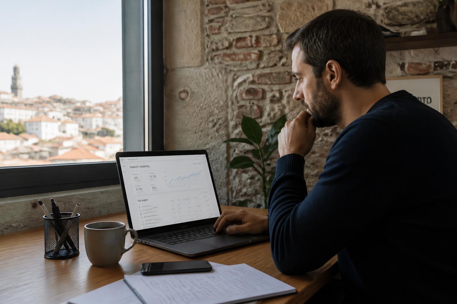 Entrepreneur in Portugal reviewing search visibility and website results in a workspace overlooking the city