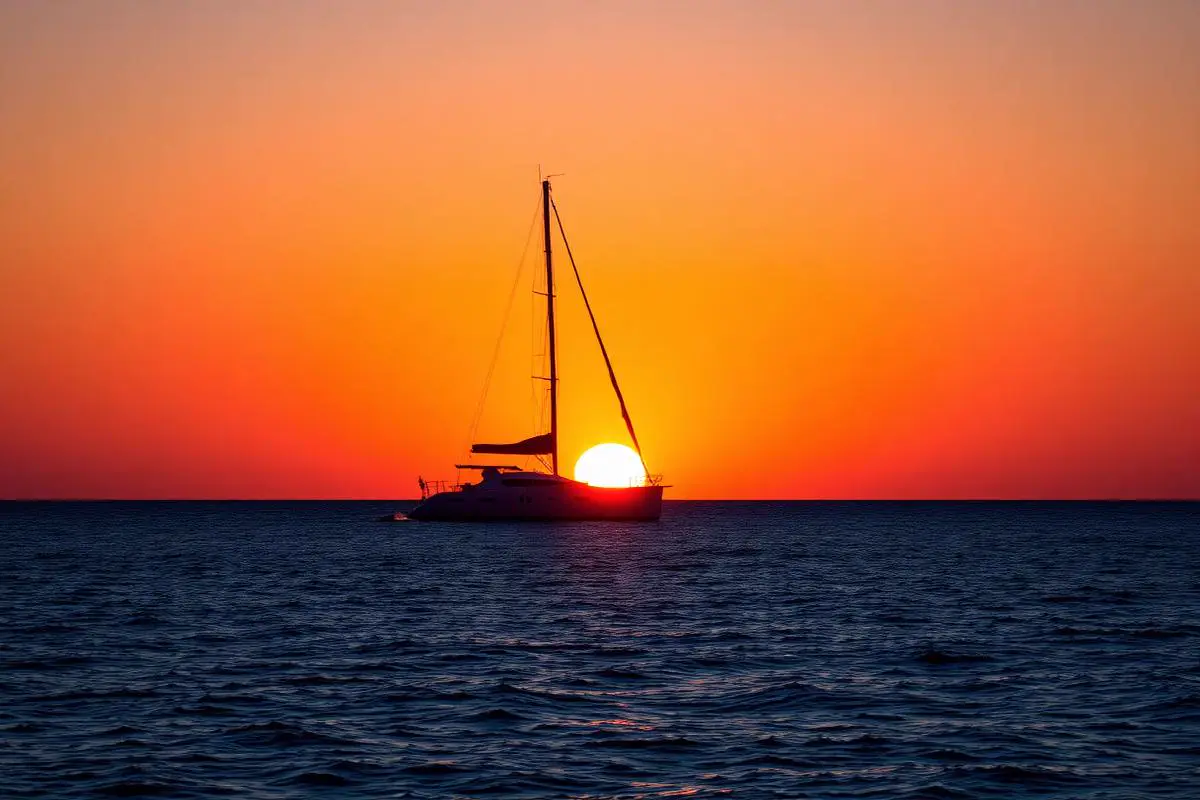 Catamarã ao pôr do sol no Atlântico