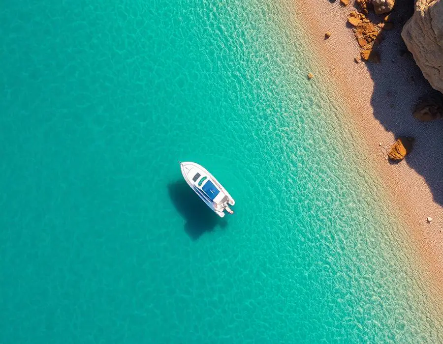 Vista aérea de um barco em água cristalina no Algarve
