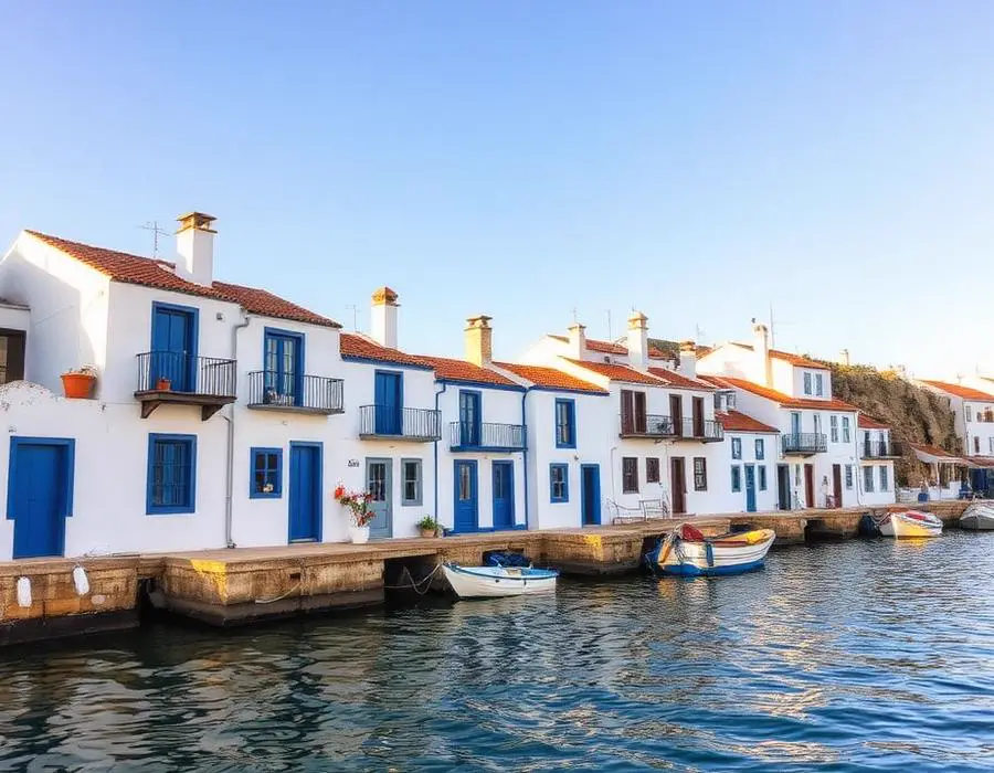 Casas brancas de uma aldeia piscatória portuguesa vistas do mar