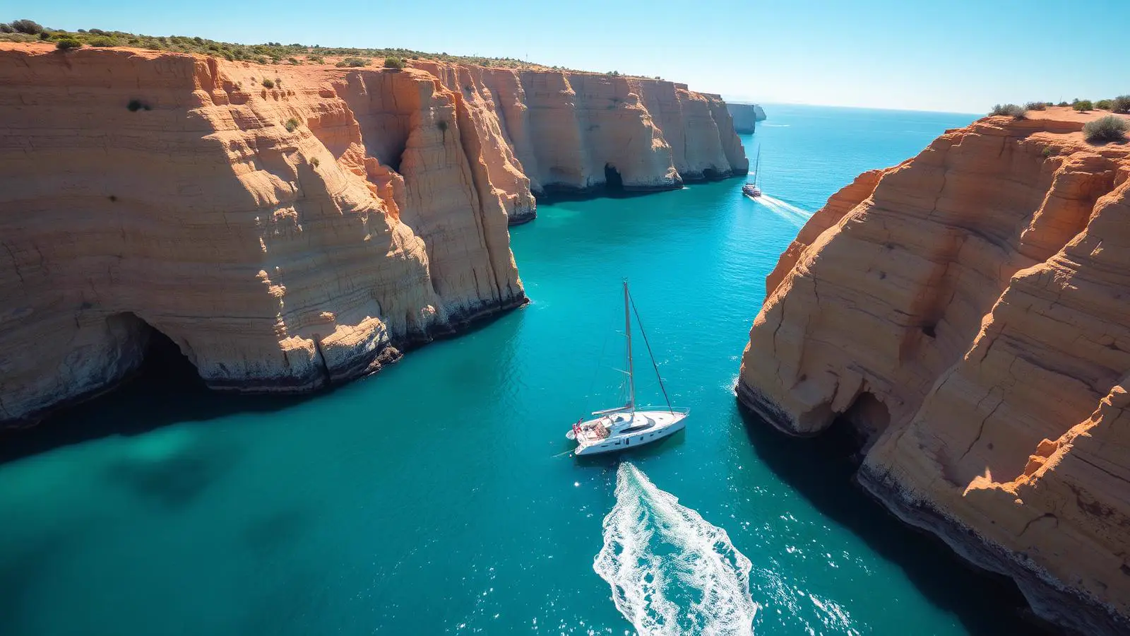 Catamarã junto às falésias douradas da costa do Algarve
