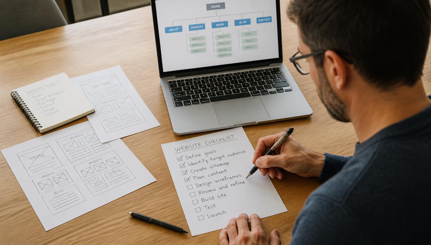 Editorial illustration of a planning grid with modules and checkmarks, representing preparation for a website project